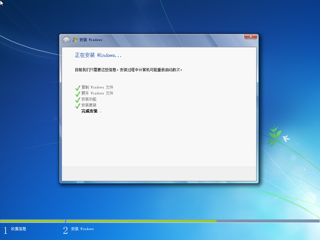Windows 7安装程序完成安装的屏幕截图